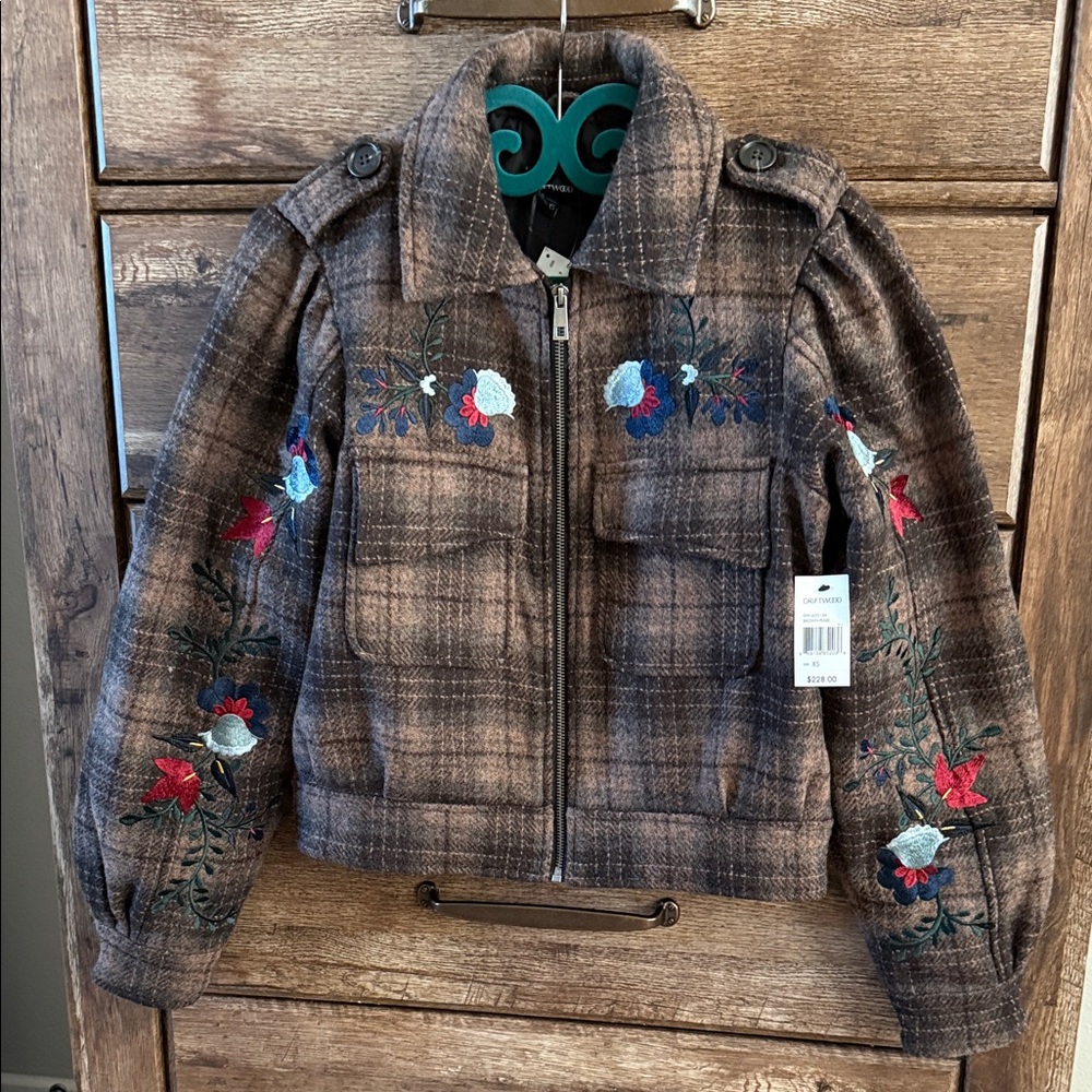 DRIFTWOOD Brown Plaid Jacket with Floral Embroidery